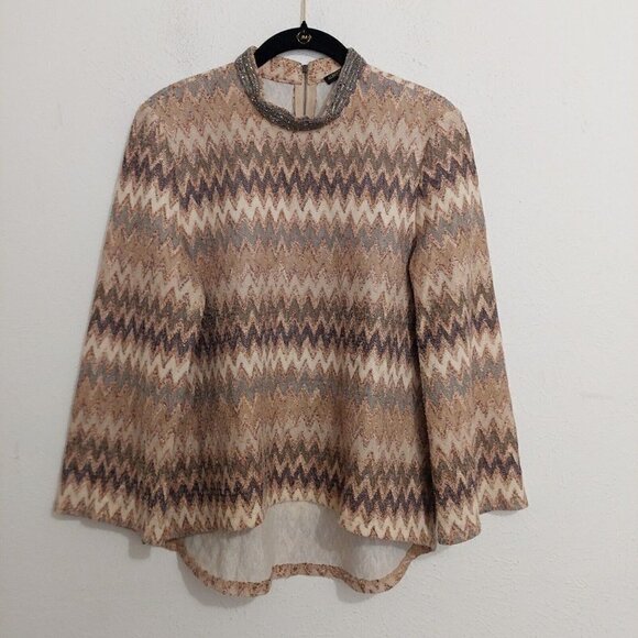Alberto Makali Women's Size  M Brown Multi Chevron Embellished Mock Neck Blouse - Picture 1 of 9